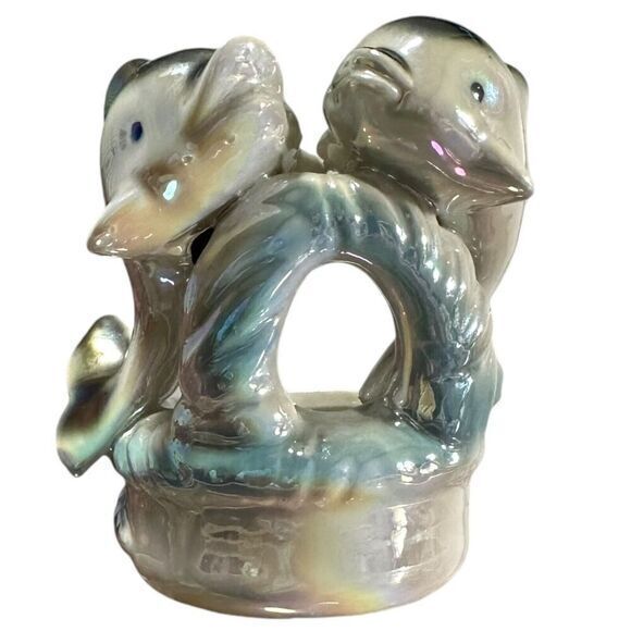 Vintage Iridescent Lustreware Ceramic Blue Dolphins on Trinket Bowl 1960s - Picture 4 of 11